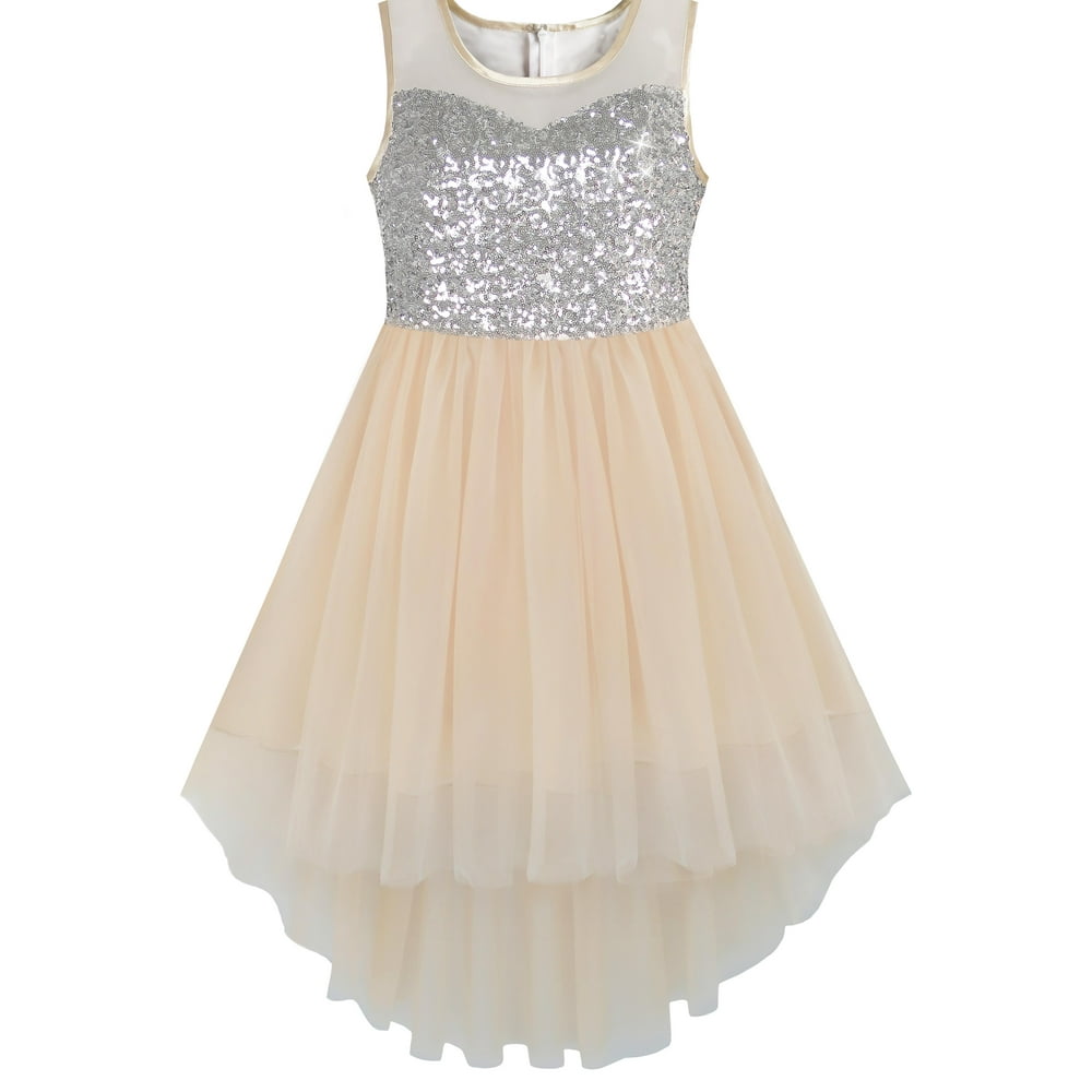 Sunny Fashion - Girls Dress Beige Sequined Tulle Hi-lo Wedding Party ...