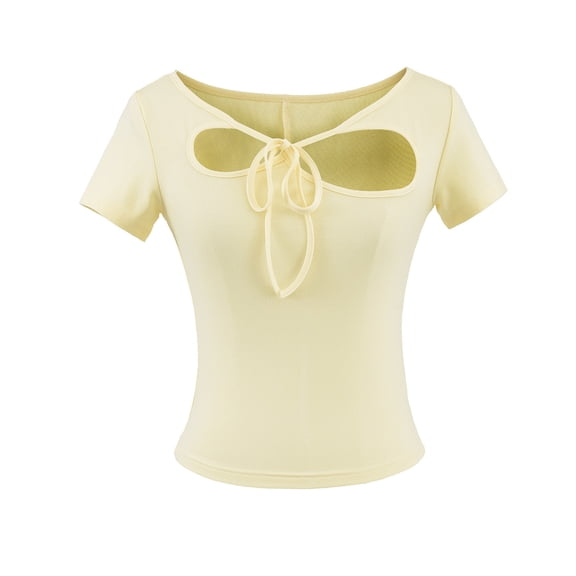 GigrtiJin Women's Cute Tops Hollow Out Crew Neck Short Sleeve Tie-Front Solid Color Slim Blouse