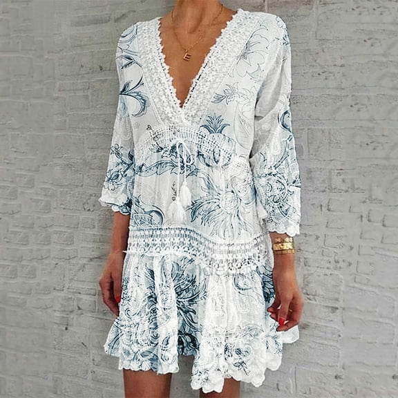 ZHOGXU Women's Swimwear Cover Up Three Quarter Sleeve V Neck Solid Color Lace Trim Bohemian Elegant Comfortable Beach Dress For Beach Pool,Black,L