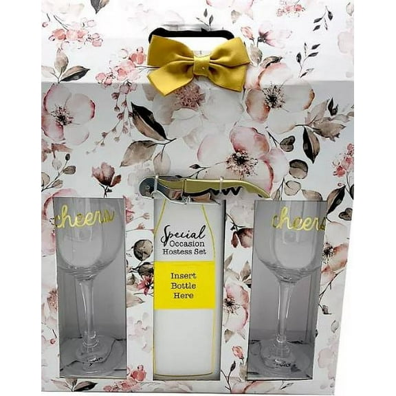 TMD Holdings Floral Hostess Set with 2 Cheers Wine Glasses and Wine Opener