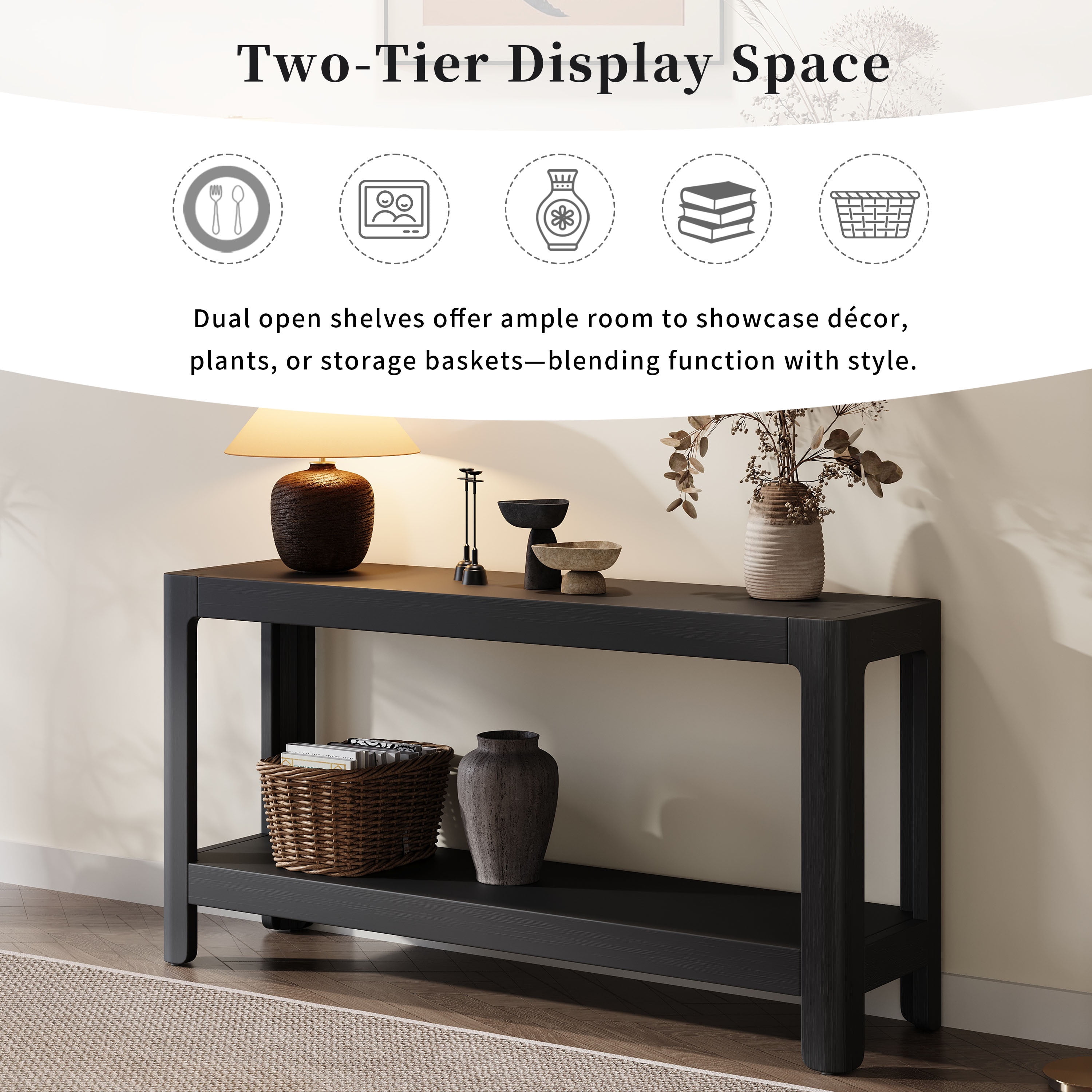 Euroco 59-Inch Narrow Long Console Table,Farmhouse Wood Entryway Table with 2-Tier Shelves for Living Room,Hallway,Entrance, Foyer, Behind Couch,Black