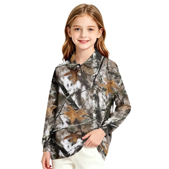 Abcomgle Uniform Shirts for Girls 10-12 Long Sleeve Pique Polo Shirt with Collar Camouflage Button Down Boys Uniform Shirts Moisture-Wicking Dress Girls Pullover