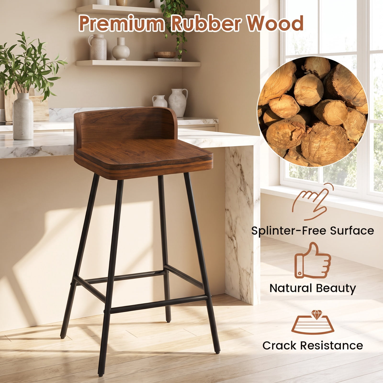 Furnibear Set of 2 Counter Height Bar Stool with Low Back Metal Legs and Footrest for Kitchen Island for Kitchen Island Counter Bar Pub Dining, Brown