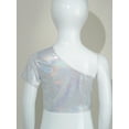 thumbnail image 3 of Miaeowve Kids Girls Dance T-Shirts Short Sleeves Shiny Metallic One Shoulder Crop Tops for Modern Silver 120, 3 of 5