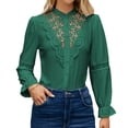 thumbnail image 1 of Blusa de encaje con volantes retro, color verde oscuro, manga larga, calada, talla M, 1 of 6