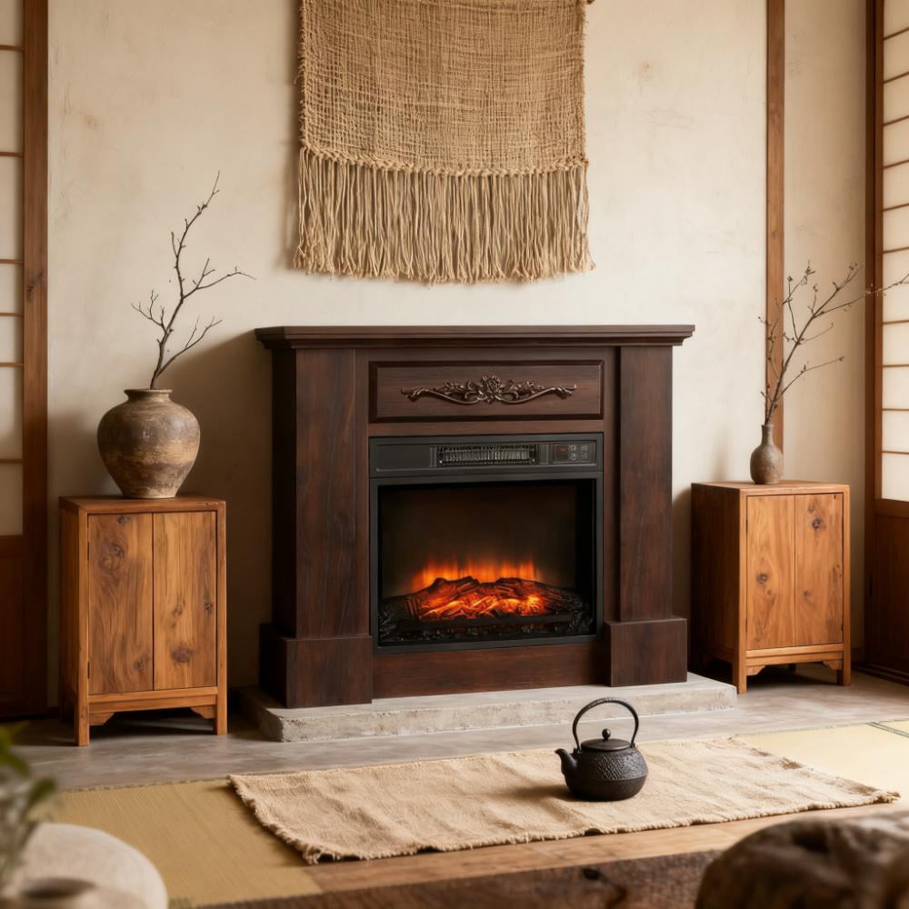 31" Electric Fireplace Mantel, Wood Entertainment Center with Electric Fireplace Heater and Remote Control, Elegant Tall TV Stand Suitable for Living Room, Bedroom