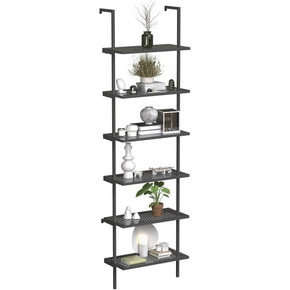 Bookshelf 6-Tier Industrial Ladder Shelf,Black Metal Shelves Wall Mounted Bookshelf Open Storage Rack Display Shelf Plant Stand for Living Room Kitchen Home Office Bedroom