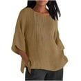 thumbnail image 3 of JURANMO Womens Summer Tops Casual Cotton Linen T-Shirts 3/4 Length Sleeve Crew Neck Pleated Front Side Slit Plus Size Blouse Tunics Khaki XXXXL Lightening Sale, 3 of 6