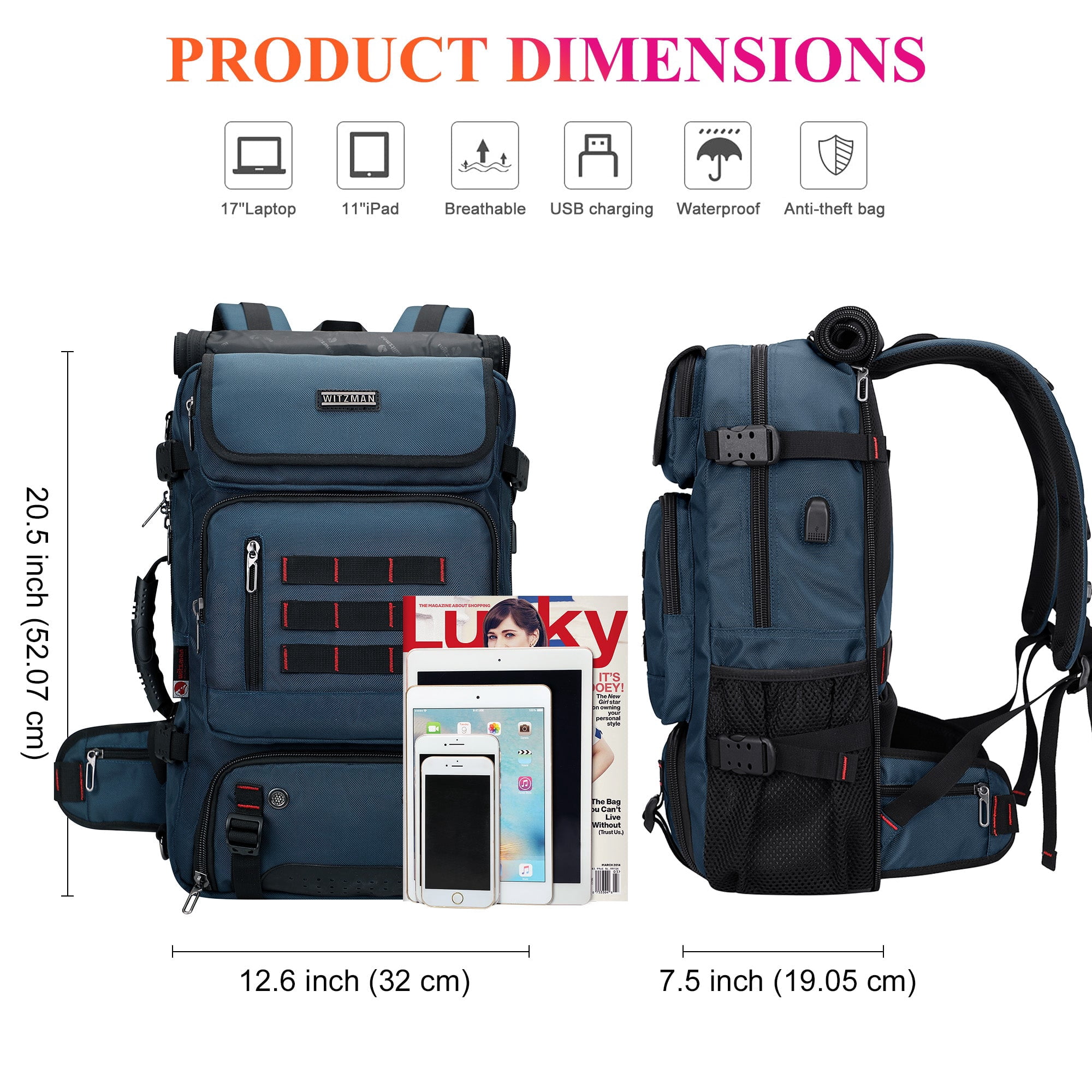 WITZMAN Carry on Travel Backpack for Men Airline Approved Convertible Nylon Duffle Backpack Luggage Bag(B682 Blue)