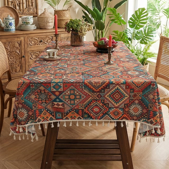 Fesfesfes Boho Tablecloth for Square Tables,Fringed Edges with Geometric Pattern Tablecloths,Floral Table Cover Cloth Decorative for Kitchen Dining Room