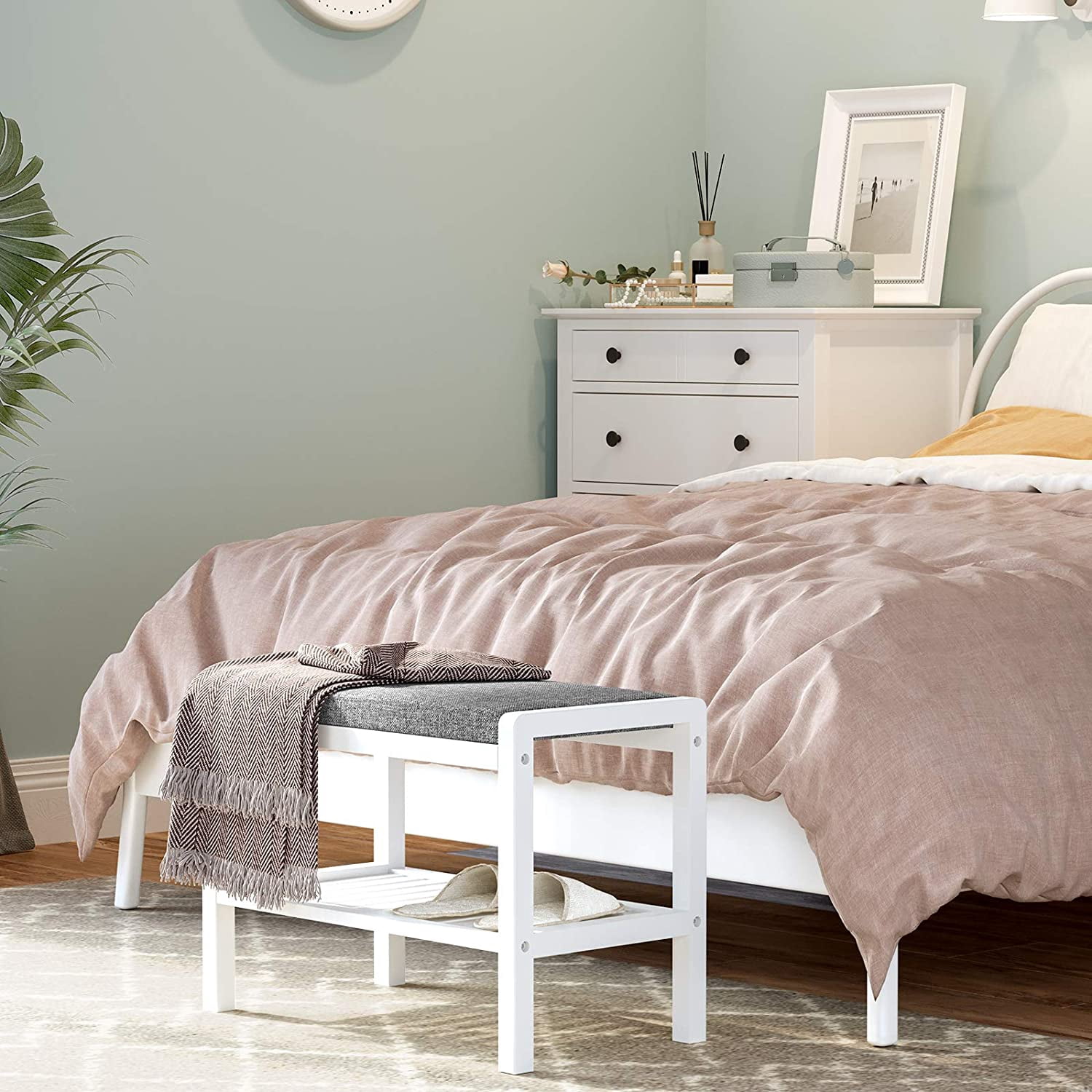 SONGMICS Shoe Rack Bench with Cushion Upholstered Padded Seat,Storage Shelf