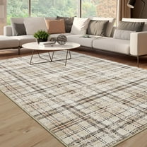 GlowSol 5'x7' Area Rug Modern Plaid Rug Washable Rug Farmhouse Carpet Non-Shedding Throw Rug for Dining Room Home Office, Beige