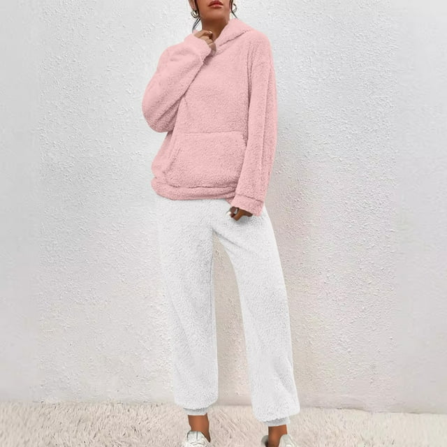 Timdgard Ensembles de Pyjama pour Femmes Automne Hiver Chandail à Capuchon en Polaire Chauds Pantalons Décontractés Confortables