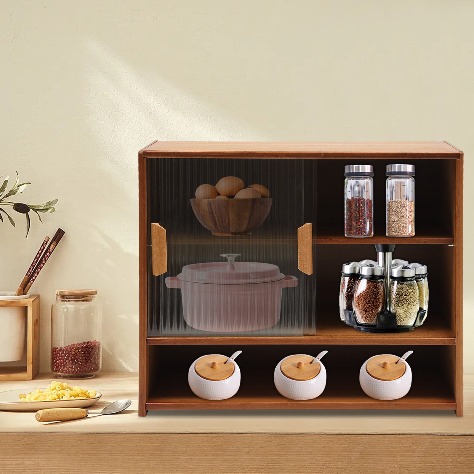 Kitchen Pantry Sideboard Bamboo Small Storage Cabinet Sliding Door Cupboard for Kitchens, Bathrooms