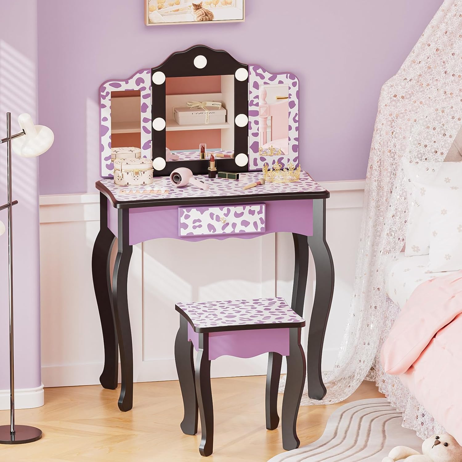 Matladin Kids Vanity Table and Chair Set with Leopard Print, Tri-Fold Mirror & Lights, Girls Vanity, Princess Makeup Desk for Girls
