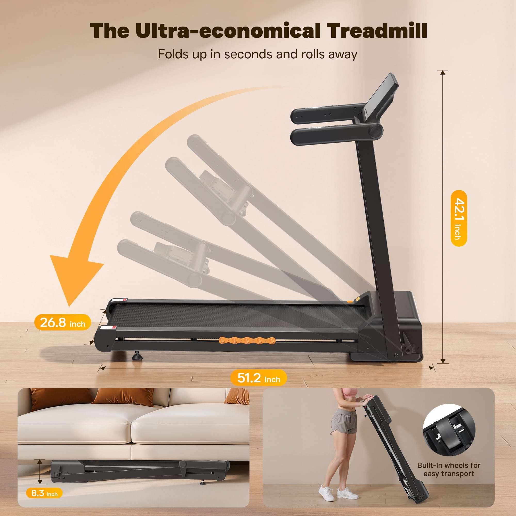 Folding Treadmill Walking Pad with Incline, 3.5HP Treadmills for Home, 0.5-8.5MPH 12 HIIT Programs, App & Heart Rate, LED Display, Fitness Equipment