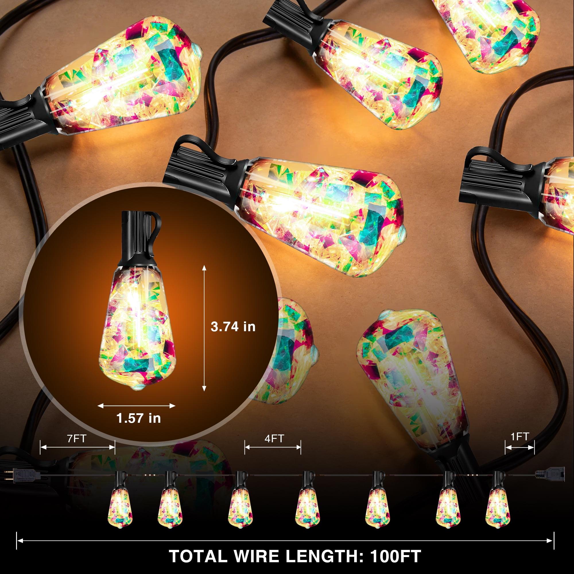 DAYBETTER Outdoor String Lights, 100FT Connectable Dazzling String Lights, ST38 Patio Hanging Lights with 24+1 LED Bulbs, Waterproof and Shatterproof, for Patios, Balconies, Trellises