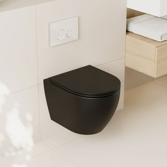Liberty 1-Piece 1.1/1.6 GPF Dual Flush Elongated Wall Hung Toilets in Black, Soft Closing Seat Included