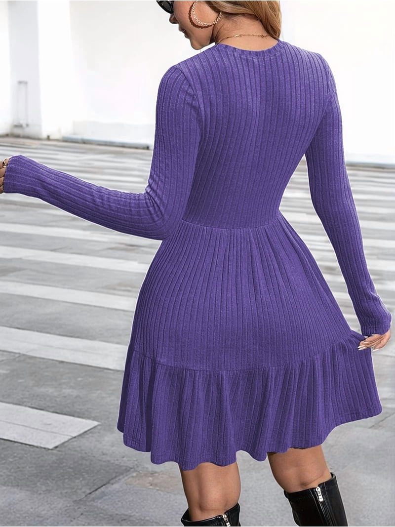 Jaimenalin Womens Long Sleeve Fall Dresses with Flowy Casual Ribbed Knit Crew Neck Knee Length Sweater Dress Orchid Color S, Women's, Size: Small