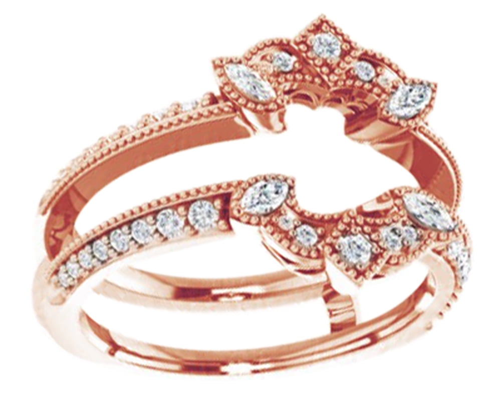 Marquise & Round Cut White Natural Diamond Enhancer Guard Ring In 14K