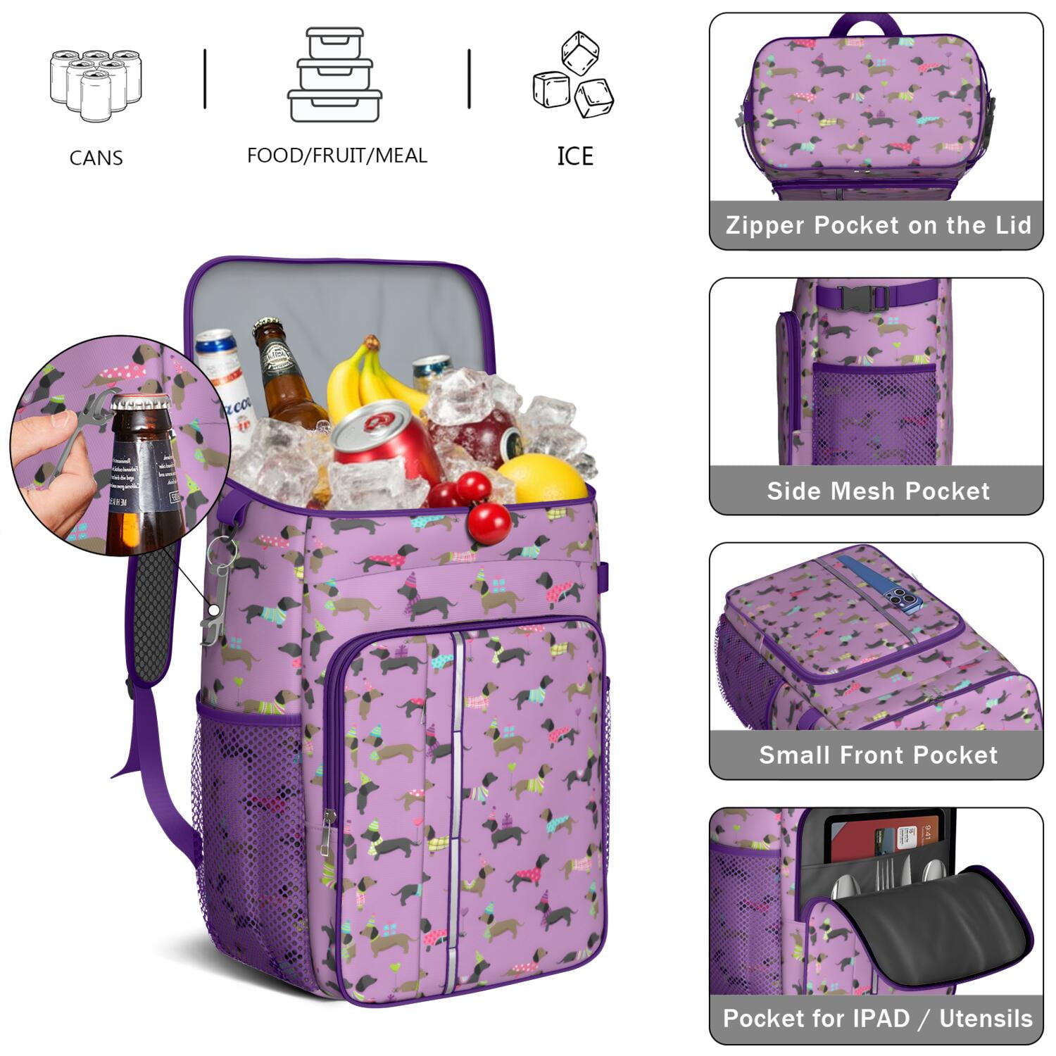 Travel Cooler Bag - Cute Cartoon Dachshund Camping Beer Cooler Backpack with Bottle Opener- Waterproof Insulated Picnic Backpacks - Cooler Bag for Beach