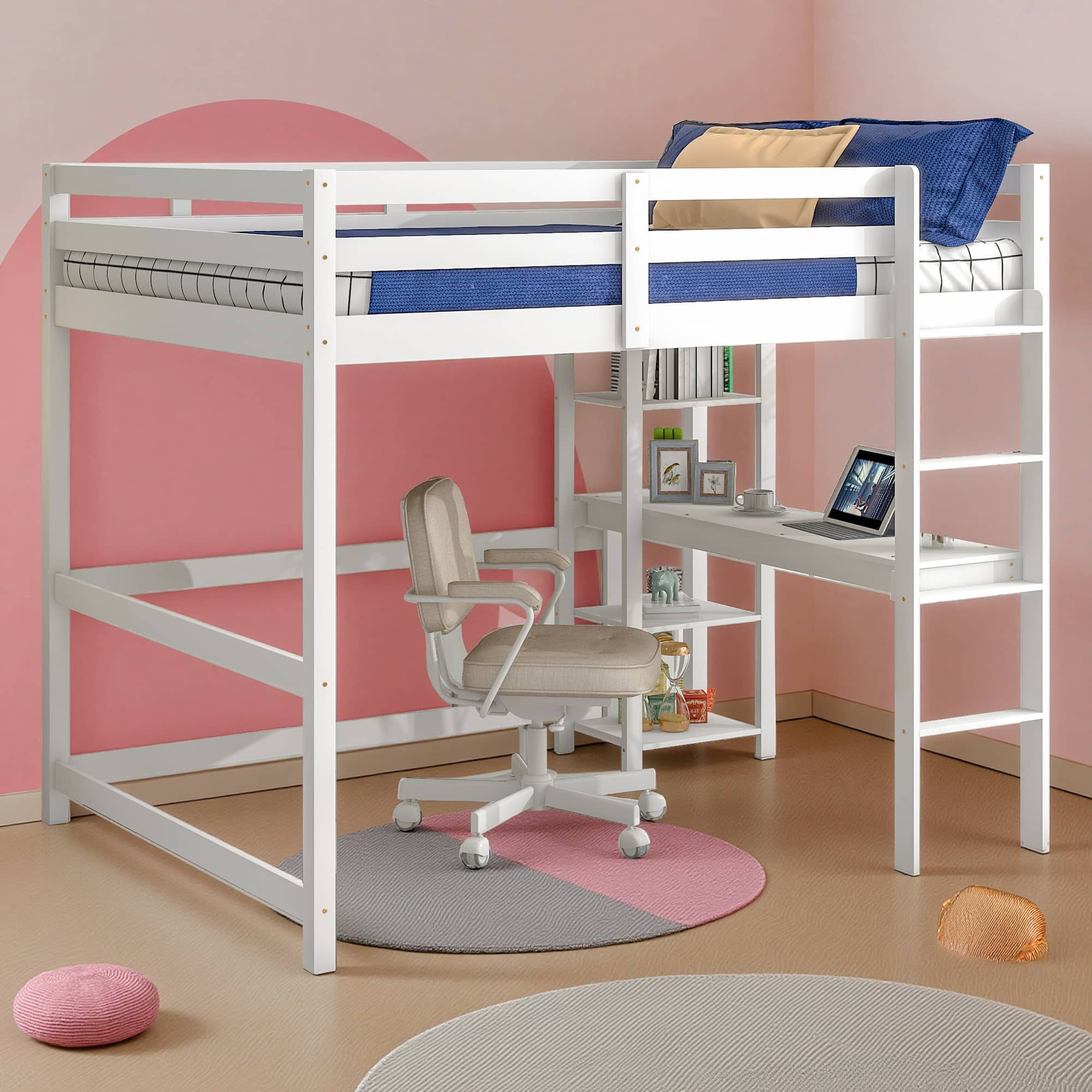MAYEERTY Full Loft Bed with Desk, Shelves and Ladder, White