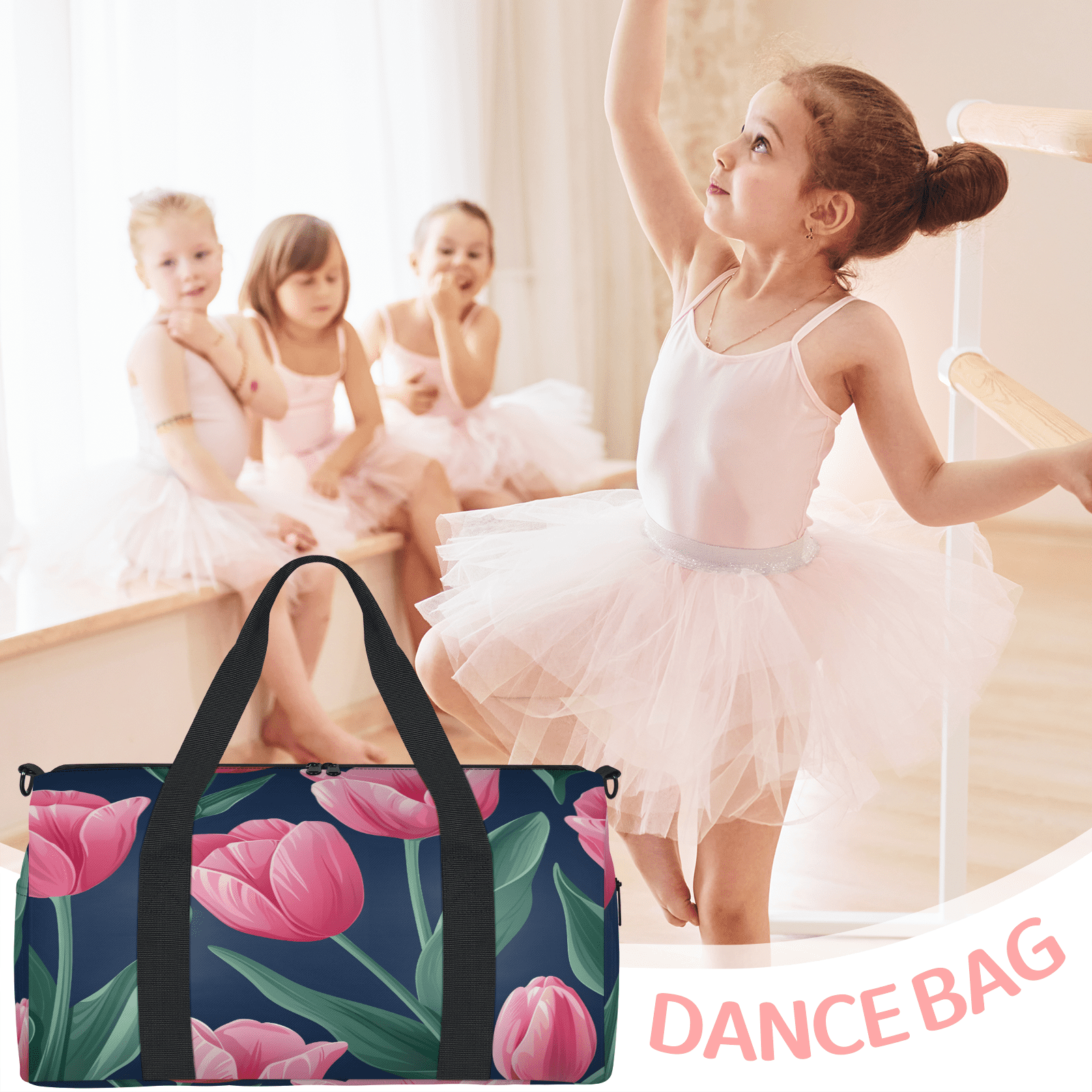 Herdesigns Pink Floral Gym Bag for Women, Duffle Bag for Travel Sport, Tulip Flower Lightweight Waterproof Carry on Weekender Dance Yoga Workout Bags