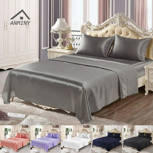 ANMINY Satin Sheets Silk Sheets King Gray Bed Sheet Set Deep Pocket Bed
