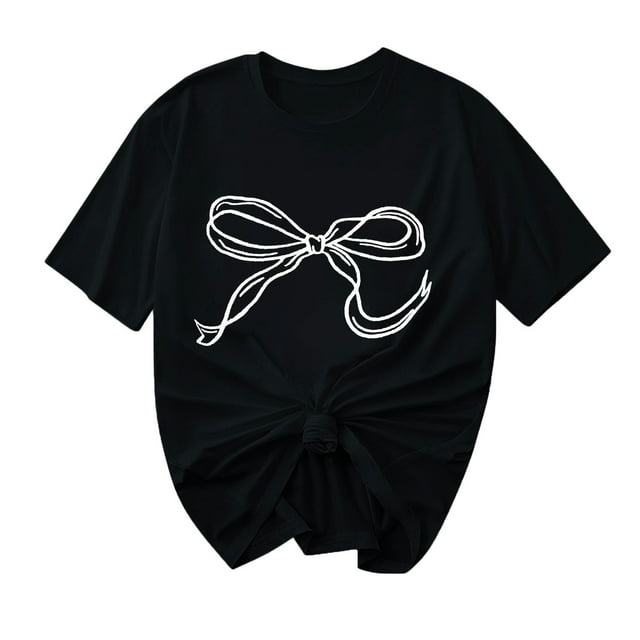 Primavera Top Mujeres Moda Casual Nueva Cinta de Arco Impresa Cuello Redondo Camiseta de Manga Corta, Camiseta de Cuello Tripulado