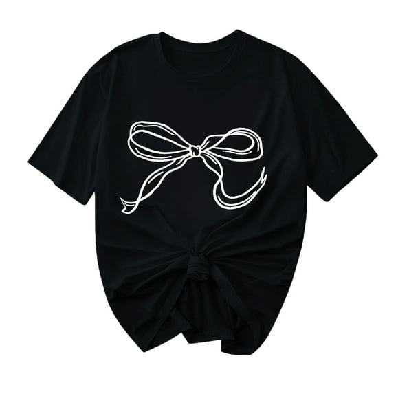 Women Short Sleeve Tops Bow Pullover Shirts Round Neck Pulliver Blouses Summer Tshirts Fashion 2025