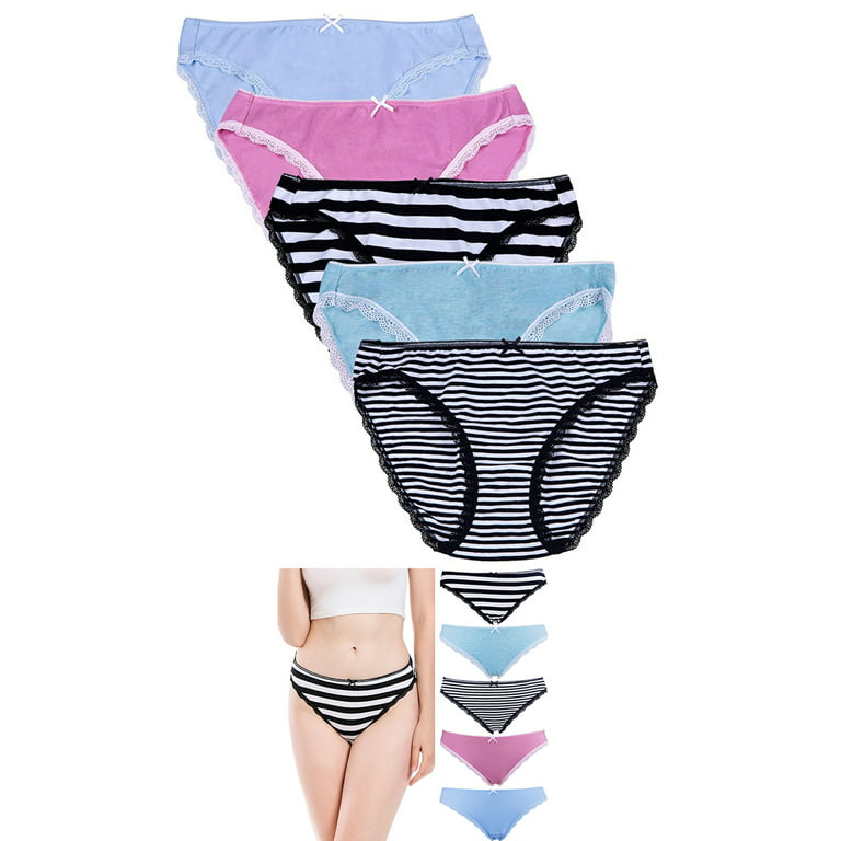Attraco Women’s Fashion Cotton Underwear Lace Bikini Non-marking Briefs  Bowknot Elastic Mid-waist Briefs Pack of 5