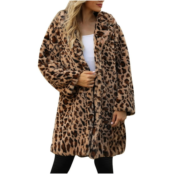 Ladies Winter Long Sleeve Leopard Print Lapel Thermal Jacket Faux Fur