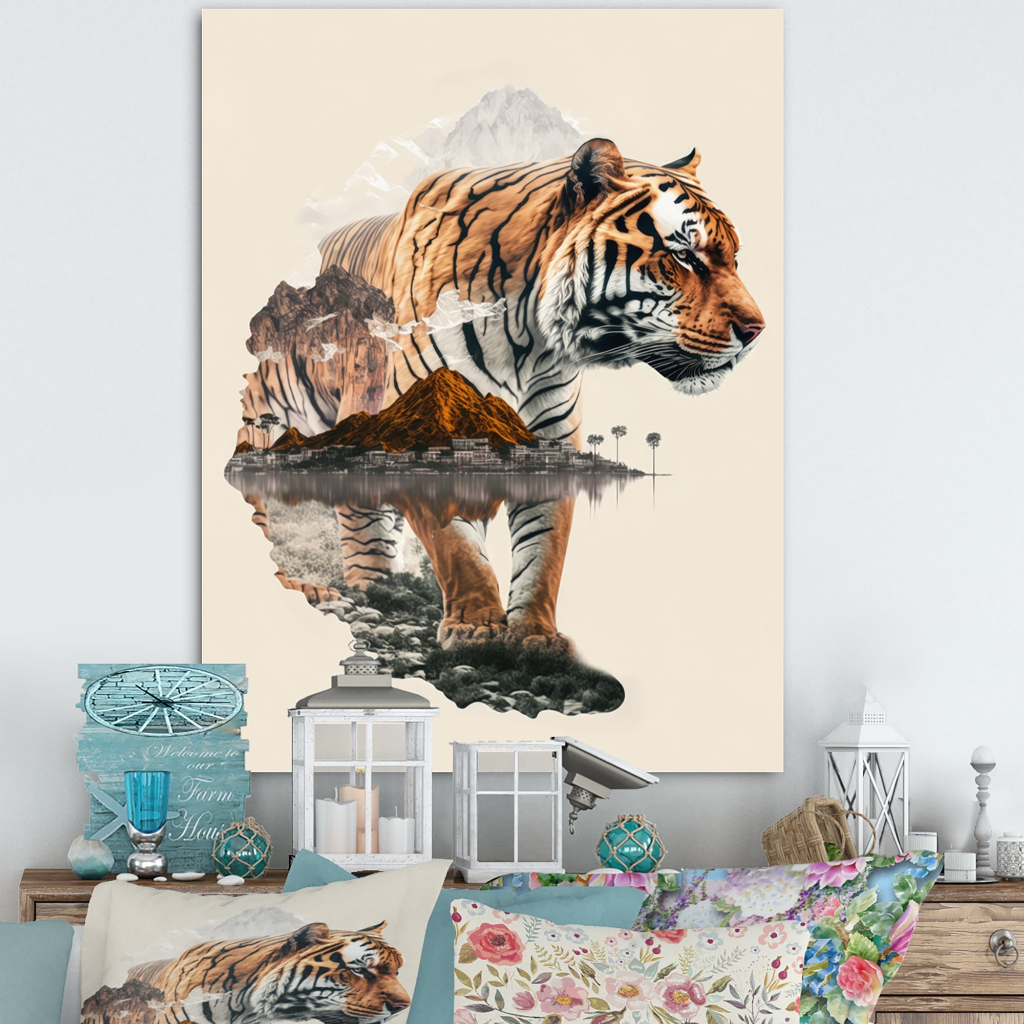 Designart Double Exposure Of A Tiger With African Landscape I Canvas Wall Art