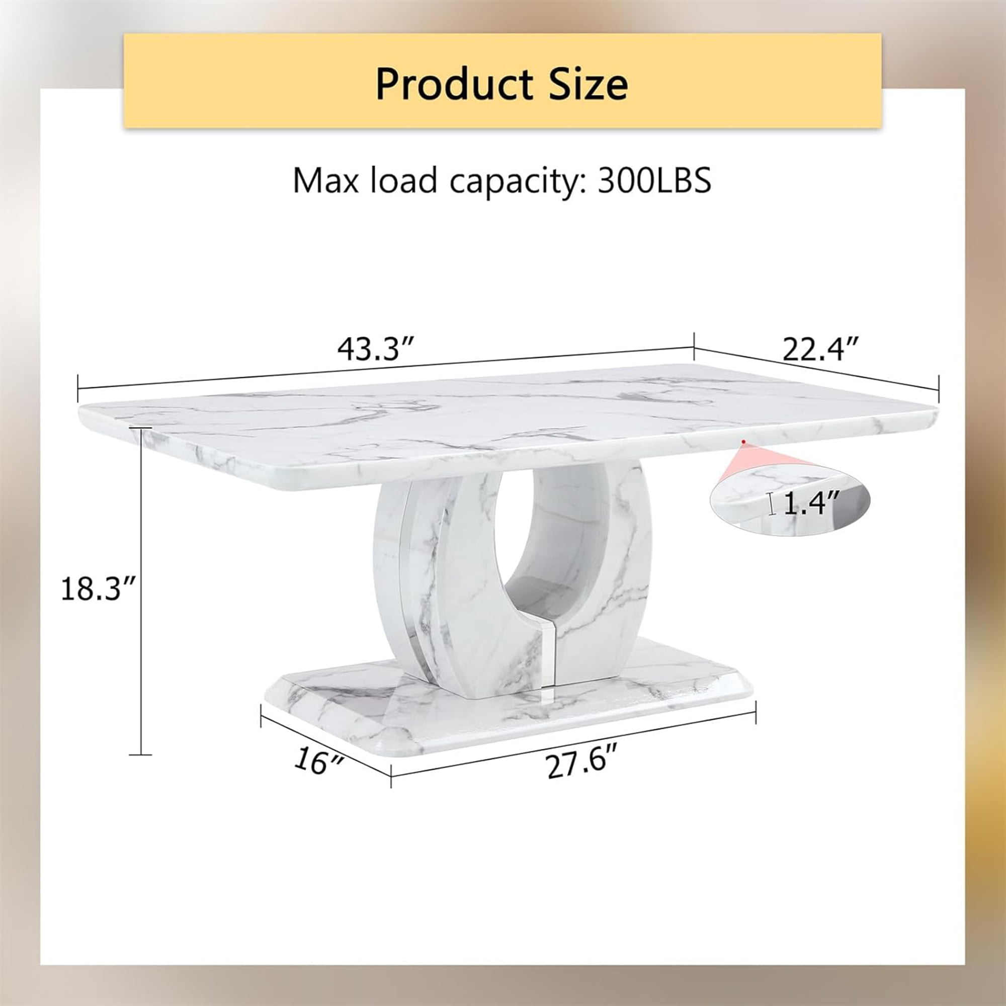 Rectangle Coffee Table for Living Room, Imitation Marble Coffee Tables with Storage, Modern Stable Base Center Tea Table for Dining Room Small Space Apartment (43.3''L×22.4''W-White)