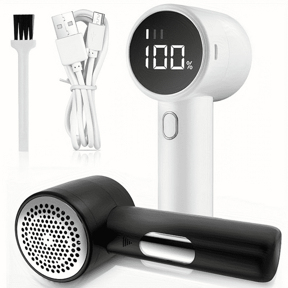 Fabric Shaver and Lint Remover, Rechargeable Electric Sweater Defuzzer with 3 Speeds, 6-Blade Design and LED Display for Clothes, Furniture and Blankets, 2-Pack Black and White