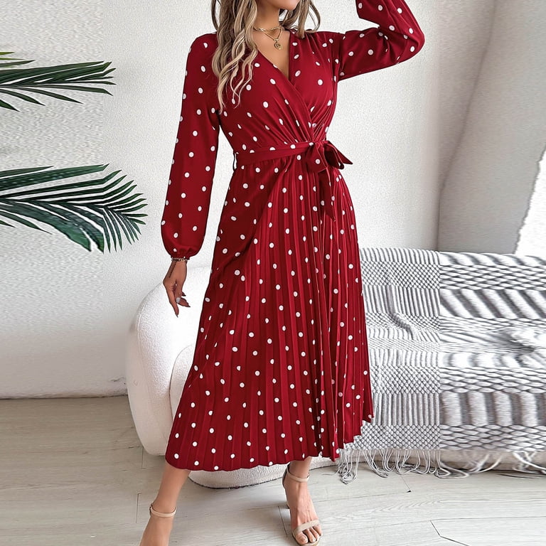 Midi Dresses Red Wrap Long Sleeve Dress Plus Size Cocktail Party Burgundy  Wrap Neck Long Sleeve
