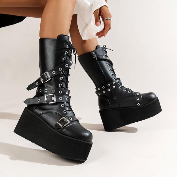 Shldybc Women Boots Retro Flat Bottom Shoes Casual Boots Plus Size Mid Calf Zipper Boots, Women's Wedges Mid Calf Boots Womens Platforms Boots, Womens Boots