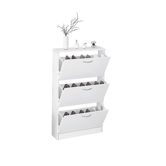 Narrow Flip-Down Shoe Cabinet - White 3-Tier Entryway Storage Organizer Holds 16 Pairs | Slim 6.7" Depth Freestanding Shoe Rack with Top Shelf for Decor