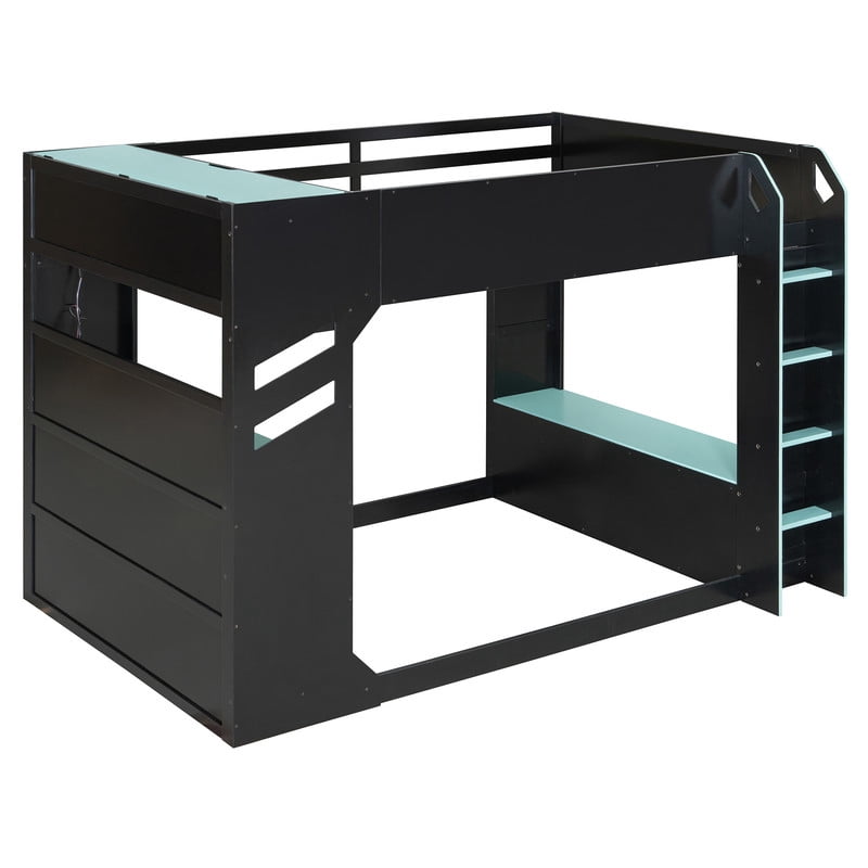 Full Size Wood Loft Bed with Height Adjustable Desk, RGB LED Lights & Storage Drawers, Gaming Loft Bed Frame with Headboard Cabinet, Hanging Rod for Bedroom