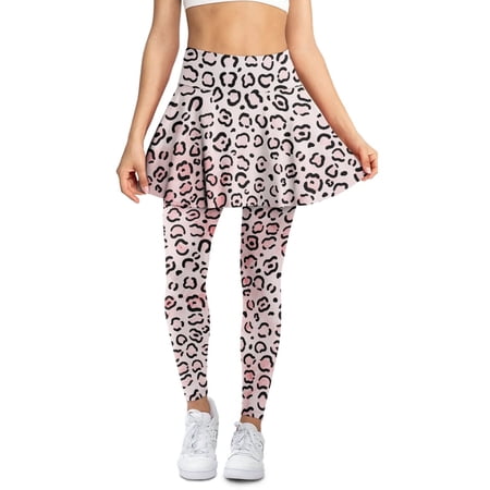 COEQINE Golf Skirted Legging for Women Elastic High Waist Tennis Leggings with Skirts Leopard Light Pink Pattern Full Length Yoga Pants with Pockets M