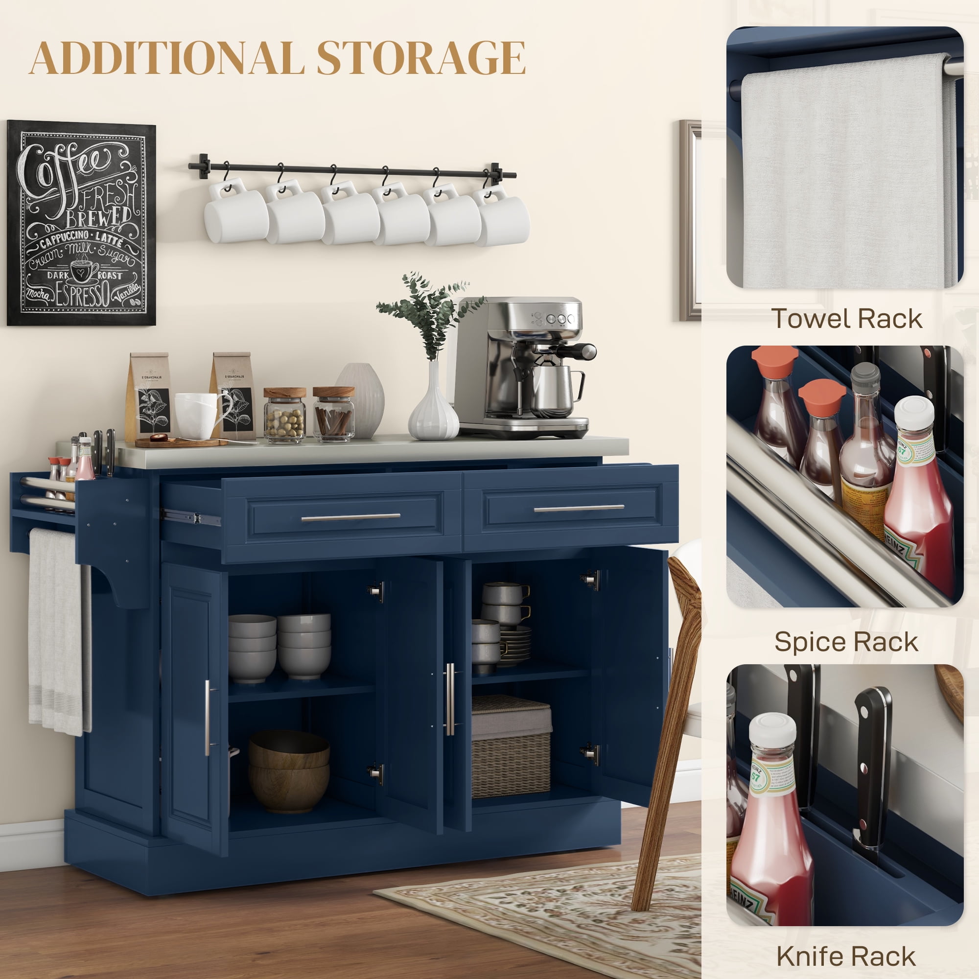 HOMCOM Rolling Kitchen Cart on Wheels, Portable Kitchen Cart with Stainless Steel Top, 2 Drawers, Spice, Knife and Towel Rack, Navy Blue