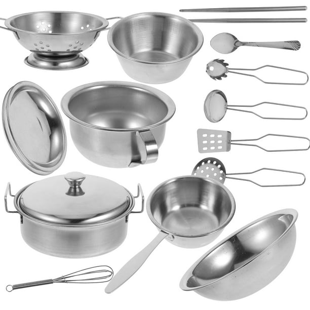 Juego de utensilios de cocina y cubiertos de acero inoxidable para niños, juguete de cocina, 1 Juego