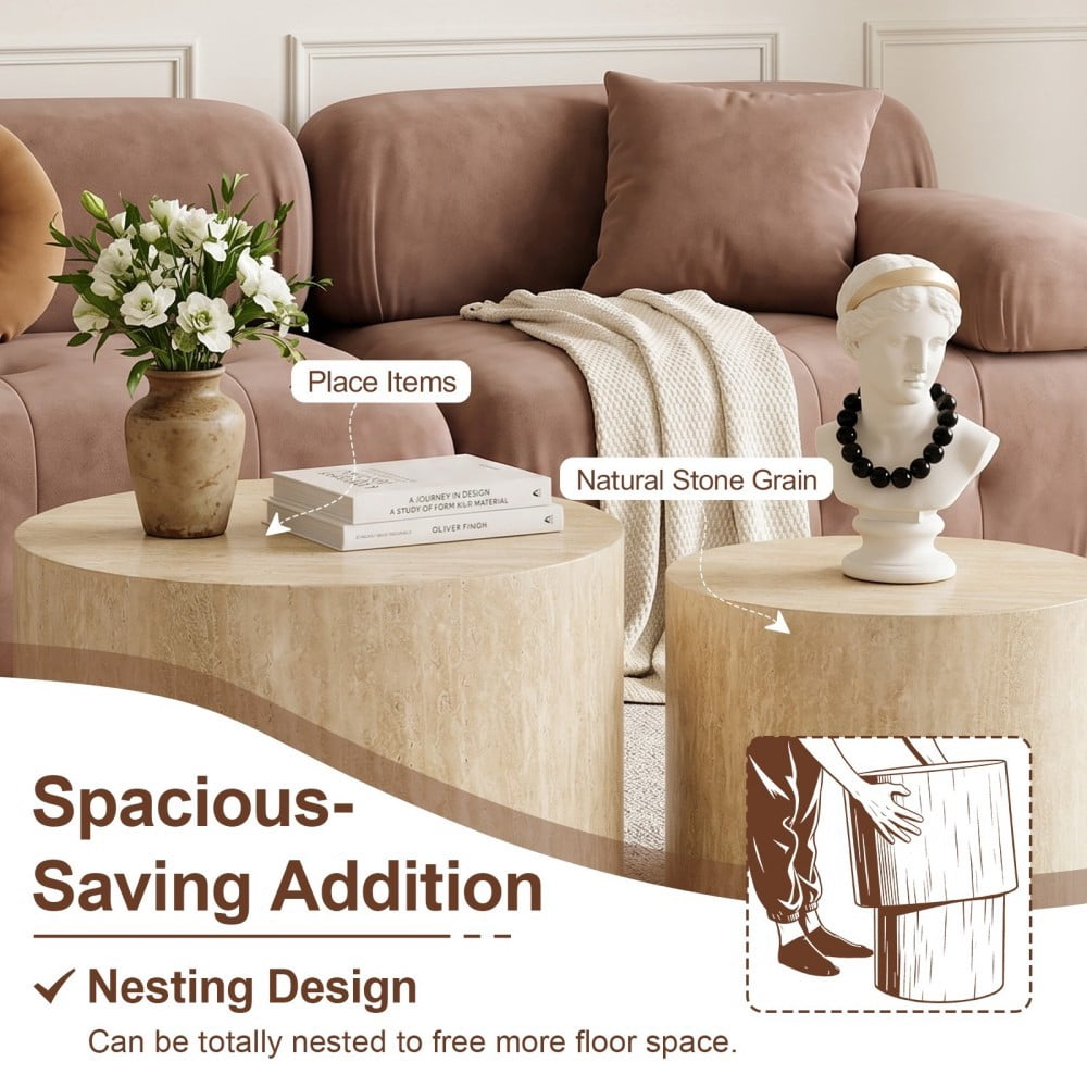 Nesting Coffee Table Set of 2, Modern Round Wood Side Tables with Non-Slip Feet, Small End Tables for Living Room, Bedroom, Office, Balcony, Small Spaces, Beige Gray