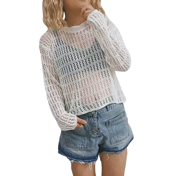hirigin Women's Round Neck Knitwear Long Sleeve Solid Color Hollow Simple Pullover Lightweight Sweater Sunscreen Blouse