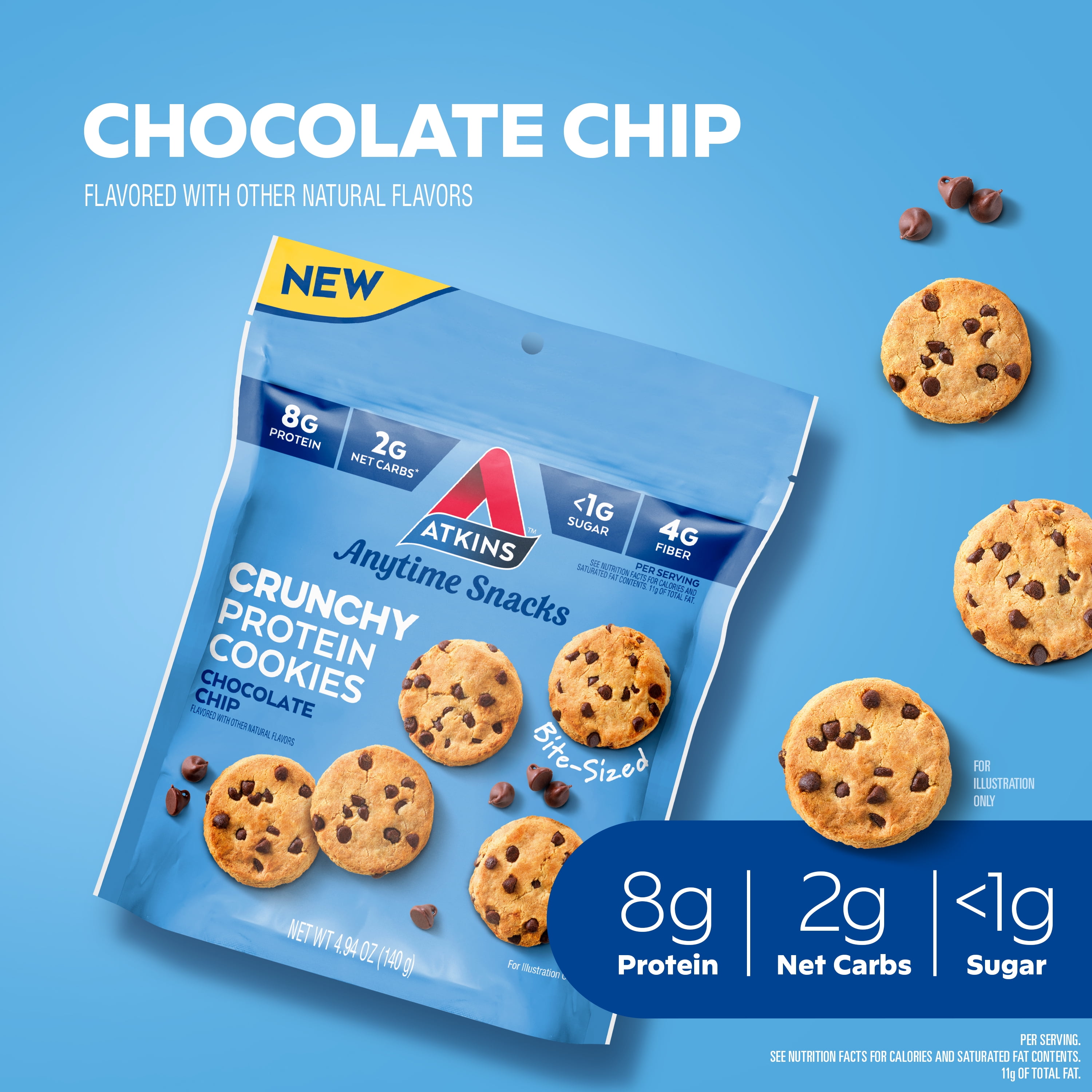 (4 pack) Atkins Crunchy Bite-Sized Protein Cookies, Chocolate Chip, 4.94 oz Resealable Bag
