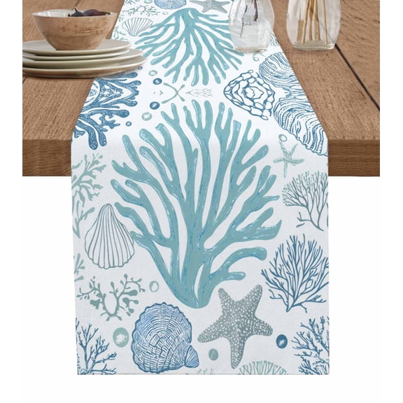 Ldtrchee Aqua Coastal Table Runner 60 Inches, Summer Nautical Starfish Beach Coral Bed Runner Dresser Scarves Tabletop for Indoor Outdoor Parties/Ceremony/Banquet, 13" x 60"