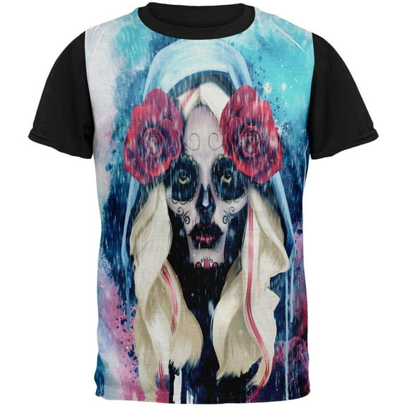 Halloween Day of the Dead Sugar Skull Girl Rain All Over Mens Black Back T Shirt