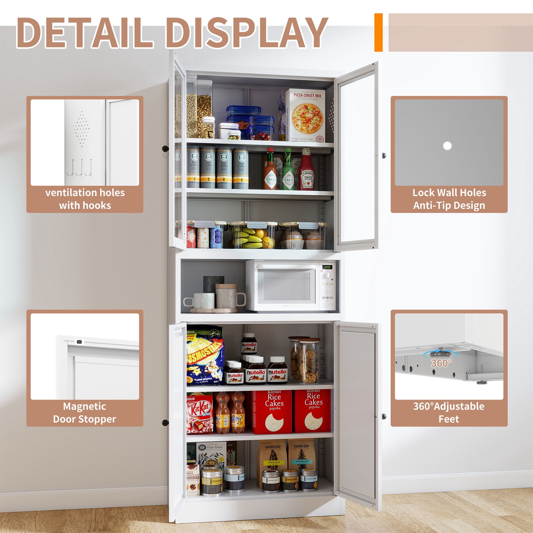 S-HOME Freestanding Metal Kitchen Pantry Cabinet - 72 Inch Tall White Storage with Adjustable Shelves for Kitchen or Bathroom