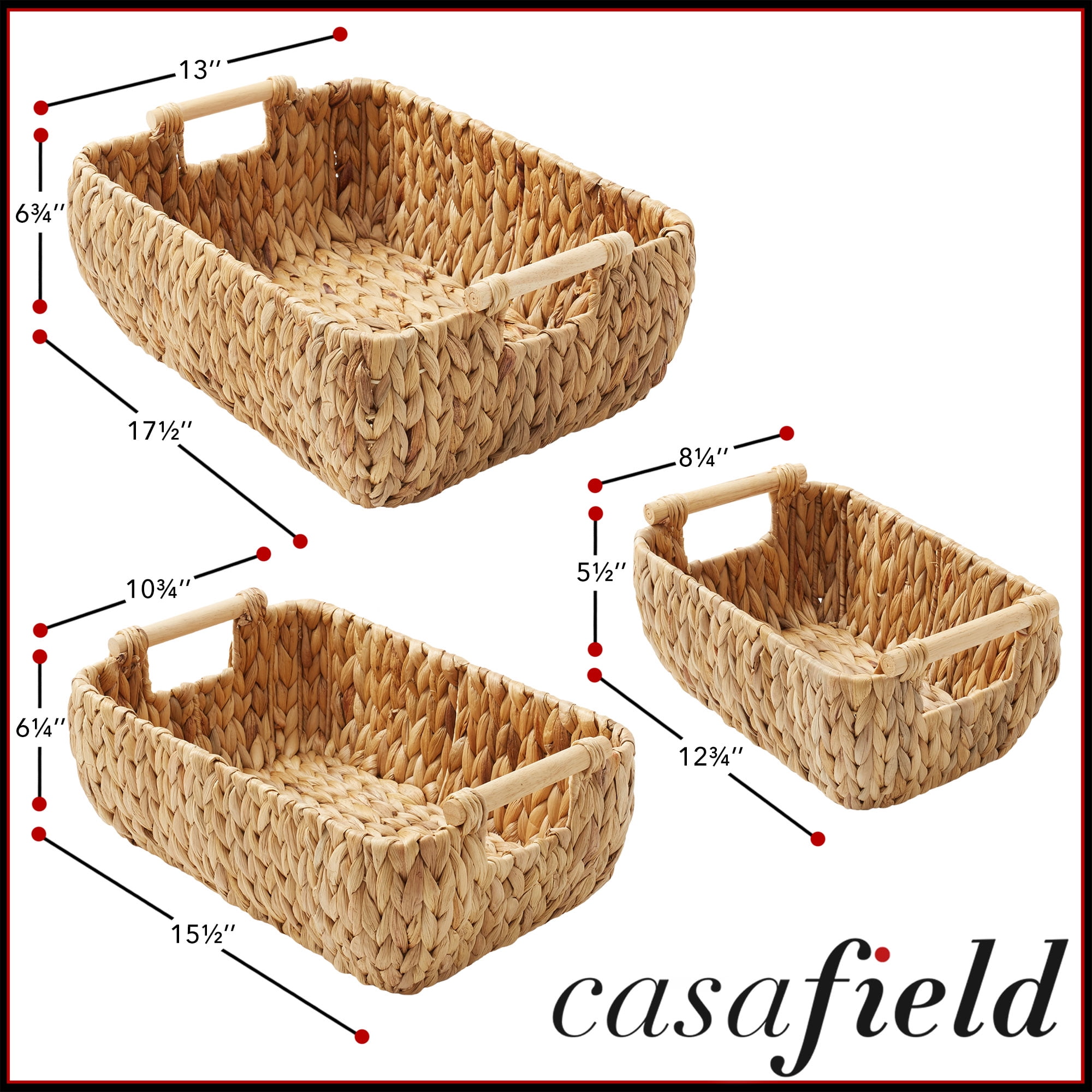 Casafield (Set of 3) Water Hyacinth Oval Storage Baskets with Wooden Handles - Small, Medium, and Large Woven Nesting Baskets