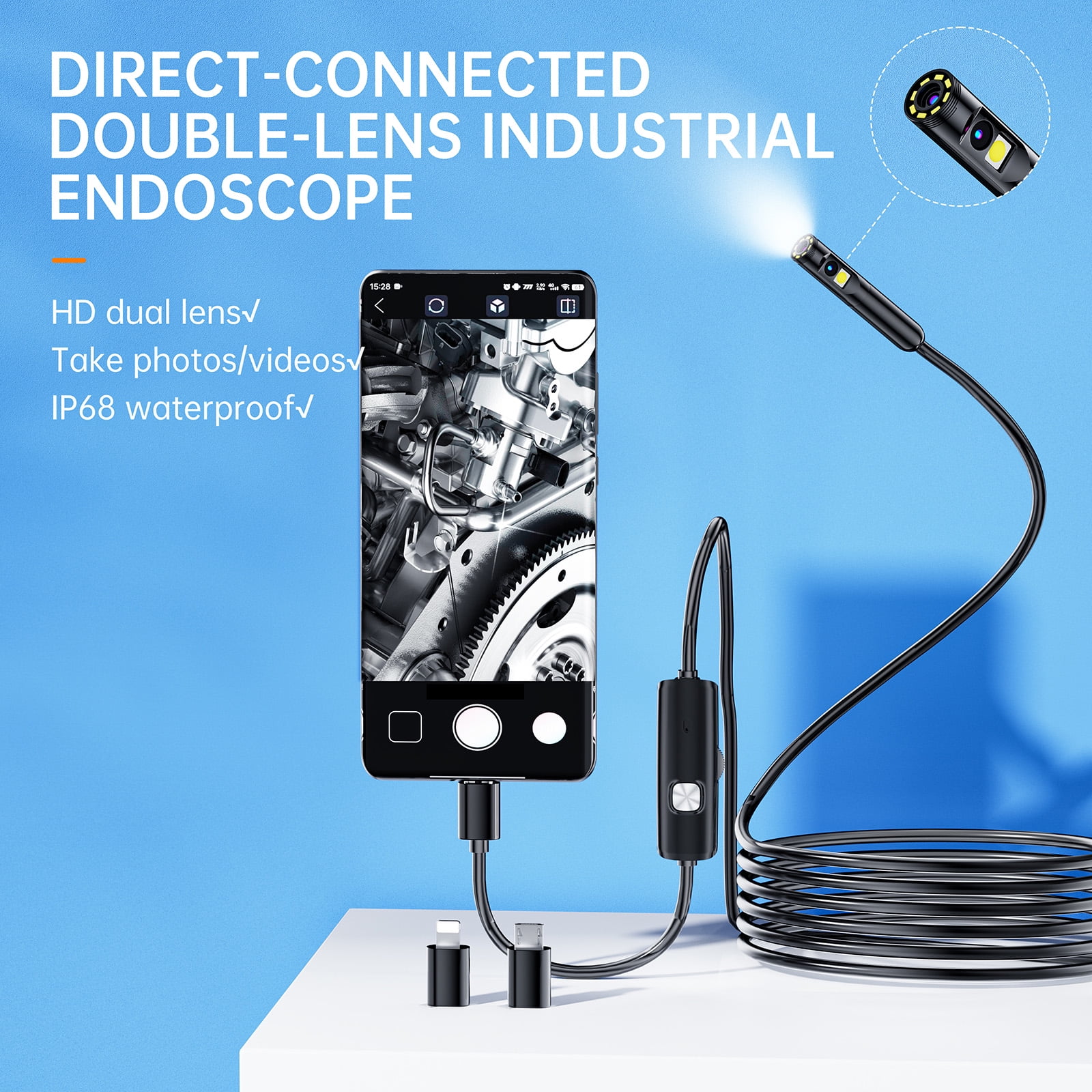 Digital Scope Camera Endoscope Dual Lens Borescope Endoscope Camera with Light for iOS 1920P IP68 Waterproof Inspection Camera 3.28FT Semi- Snake Camera 8+1 Adjustable LED Lights